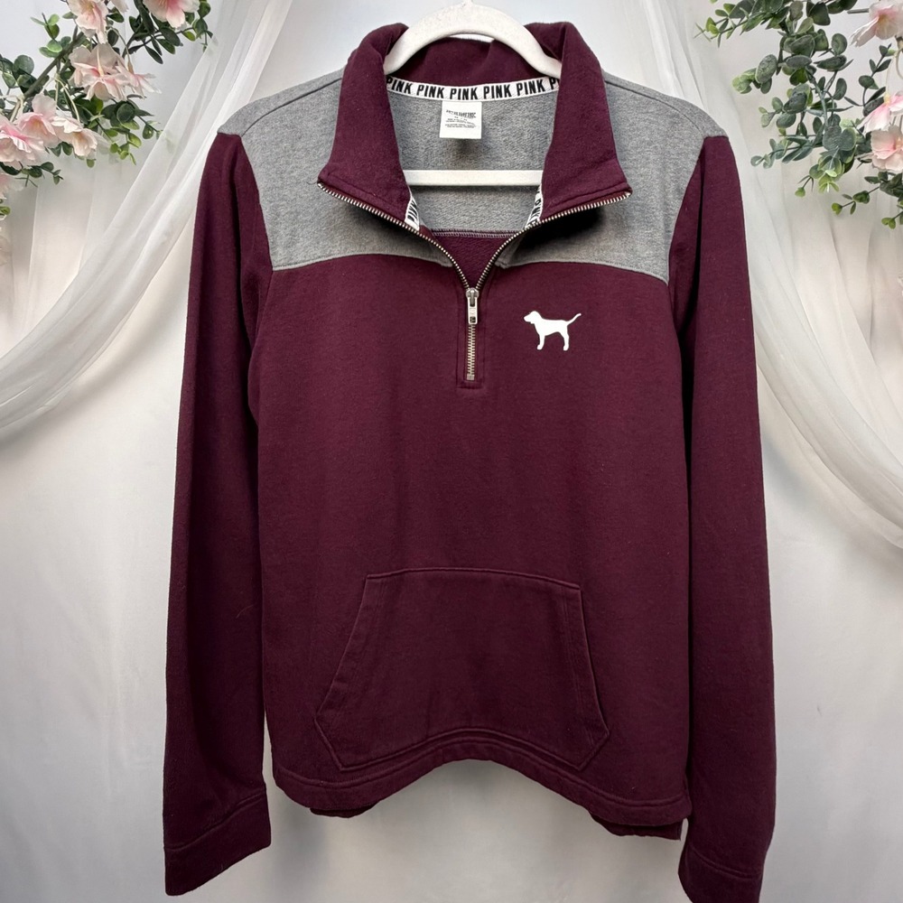 Victoria's Secret PINK Quarter Zip Pullover Sweatshirt Burgundy Gray Medium